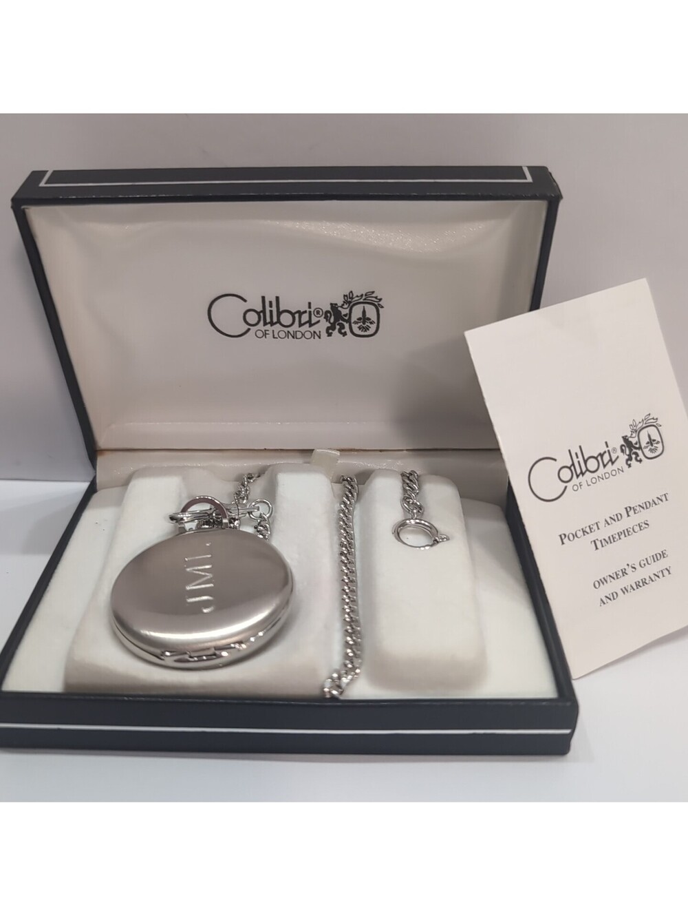 Colibri Of London Pocket Watch Engraved Silvertone Quartz Analog w/ Chain "JML"